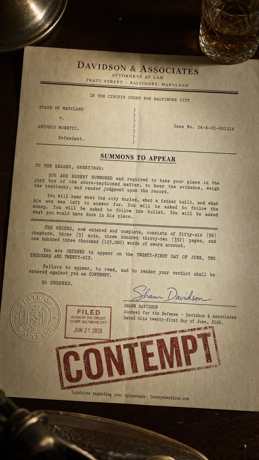 Official summons from Davidson and Associates, Attorneys at Law